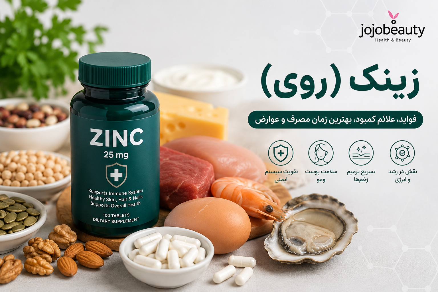زینک (روی) چیست؟ بررسی کامل فواید، علائم کمبود، بهترین زمان مصرف و عوارض احتمالی